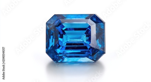 A stunning emerald-cut blue sapphire gemstone with brilliant facets reflecting light.