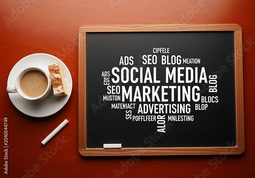 Blackboard with social media marketing words and coffee cup on wooden table advertising