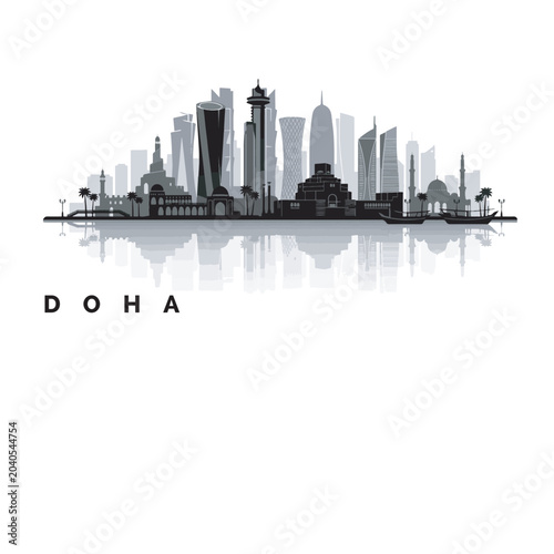 Panoramic Doha Qatar Skyline with Reflection in Elegant Black and White Vector Illustration
