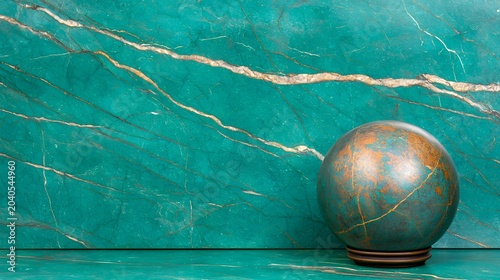 Antique Bronze Sphere on Teal Marble Background