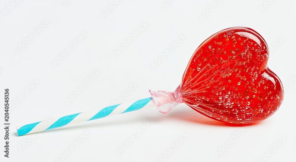 Fototapeta premium A single red heart-shaped lollipop with a blue and white striped stick on a white background.