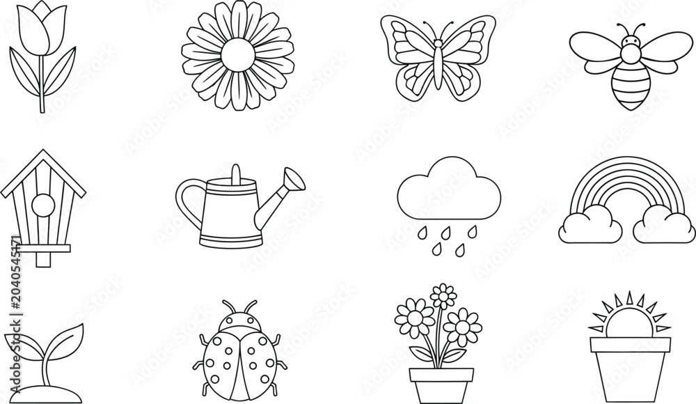 Fototapeta premium Set of hand drawn spring nature icons including flowers butterfly bee and garden elements