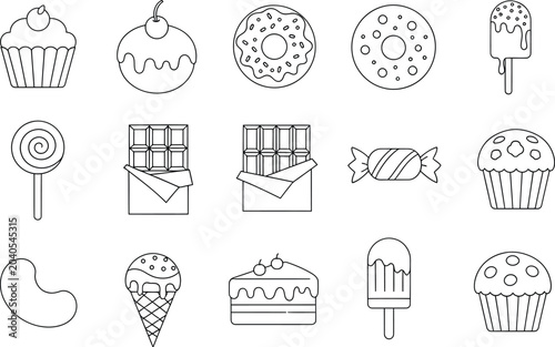 Set of hand drawn sweet dessert icons including cupcakes donuts chocolate and candy