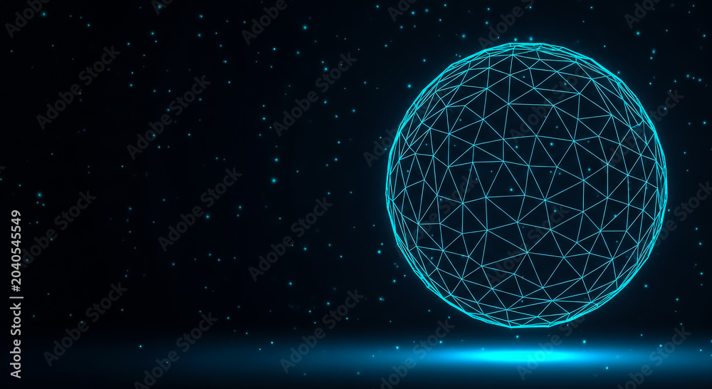 Obraz premium A glowing digital globe with geometric patterns floating in a dark space with stars and light beams.