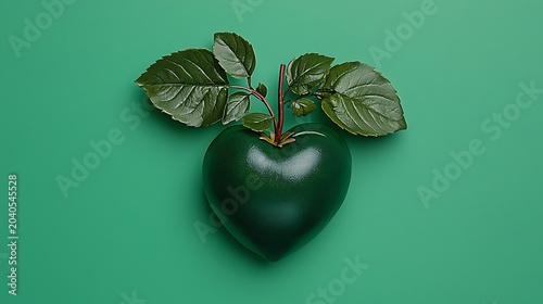 Dark Green Heart Shaped Fruit with Dewy Leaves on Green Background