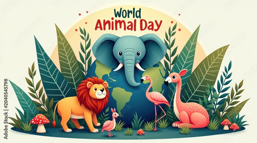 Naklejka premium World Animal Day celebration design featuring a cute lion elephant flamingo and jungle leaves in a colorful illustration
