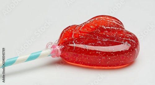 A single red heart-shaped lollipop on a striped stick.