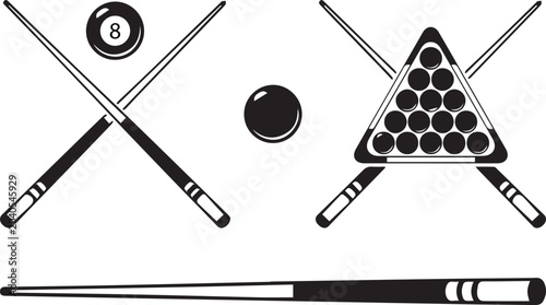 Silhouette of pool cues and balls on white background
