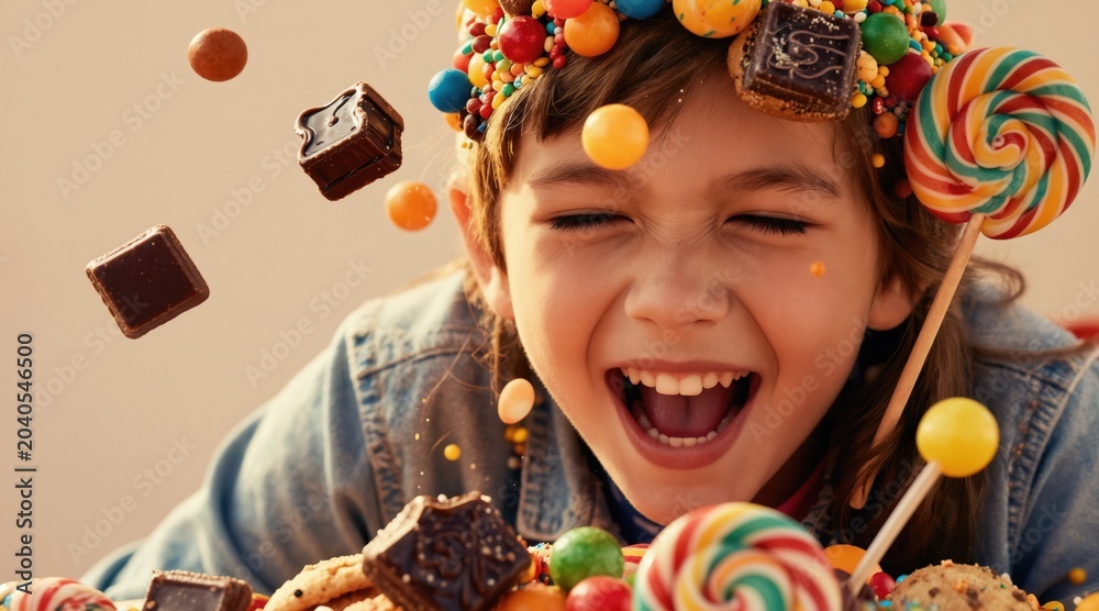 Naklejka premium Joyful kid with sweet candies around. Young child laughs happily surrounded by lollipops, chocolates, cookies. Colorful sugar treats fly, create fun atmosphere for childs party celebration.