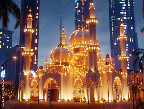 Beautiful mosque in Ramadan Kareem or Eid Al Fitr vibes. Islamic mosque architecture building concept by AI Generated
