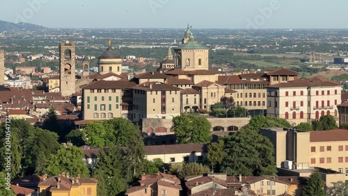 Bergamo. One of the beautiful city in Italy. Landscape at the old town from San Vigilio hill. Amazing view of the towers, bell towers and main churches. Touristic destination. Best of Italy