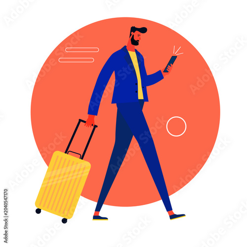 Modern Flat Traveler Character Walking with Suitcase and Smartphone