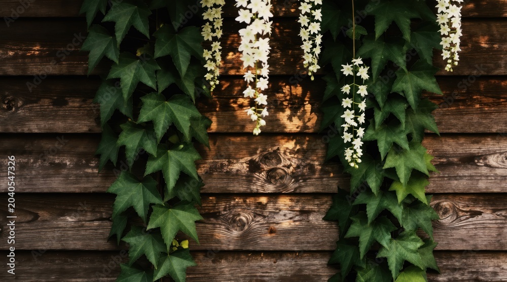 Fototapeta premium Green leaves, white flowers cascade down rustic wooden wall. Textured wood surface creates natural backdrop with dappled sunlight creating shadows. Botanical scene with plants in full bloom, ideal