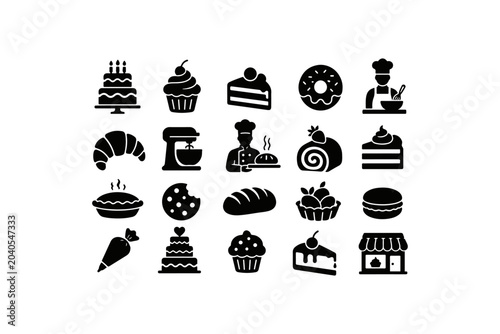 Foto Black bakery icons set including cakes, cupcakes, and chefs Vector