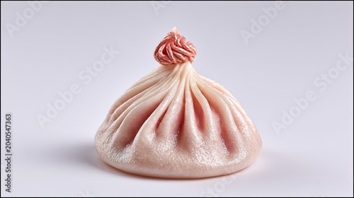 A single, perfectly formed khinkali dumpling with a swirl of pink filling on top, isolated on a light grey background.