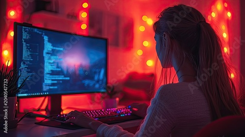 Young Woman Coding on Computer in Dark Room with Neon Red Lighting