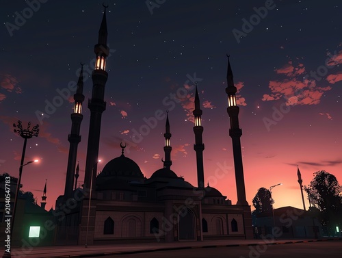 Beautiful mosque in Ramadan Kareem or Eid Al Fitr vibes. Islamic mosque architecture building concept by AI Generated
