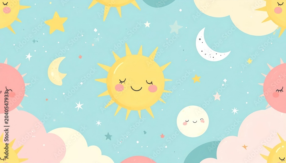 Fototapeta premium Soft celestial pattern with sun, moon, and pink clouds.