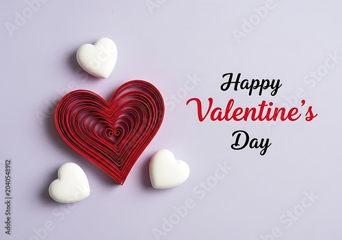Red heart made of layered paper strips with white hearts and happy valentines day text on purple background