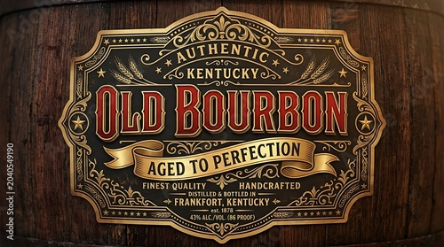 Authentic Kentucky Old Bourbon Aged to Perfection: A vintage label for Old Bourbon from Kentucky, aged to perfection, boasting handcrafted quality and finest distillation.