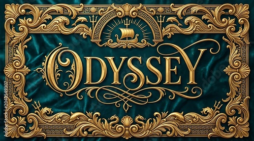 Ornate Odyssey Title Card with Nautical Accents: A richly detailed golden ornamental frame featuring nautical motifs like ships and tridents surrounds the elegant.