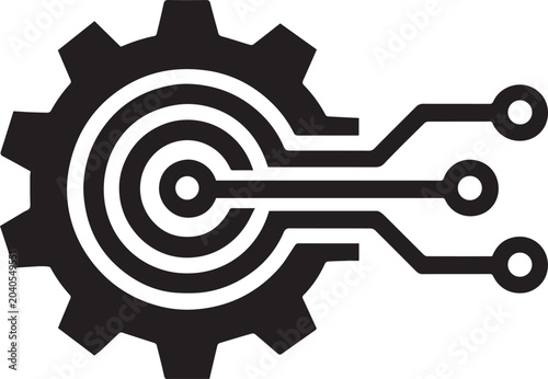 Gear with circuit board lines black and white line icon