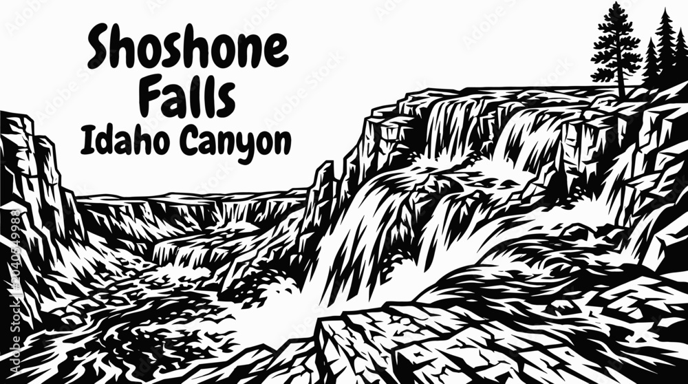Obraz premium shoshone falls waterfall plunging into idaho canyon river landscape black and white vector illustration