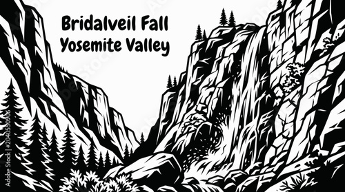 Canvas-taulu bridalveil fall waterfall cascading through yosemite valley mountain landscape v