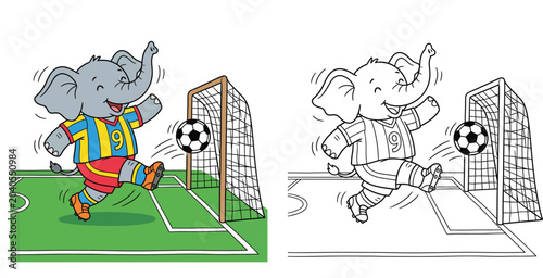 Tablou pe pânză Cute Cartoon Elephant Kicking Soccer Ball Towards Goal Net