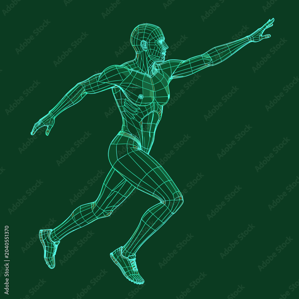 Obraz premium Wireframe Athlete Running in Dynamic Motion Against Dark Green Background