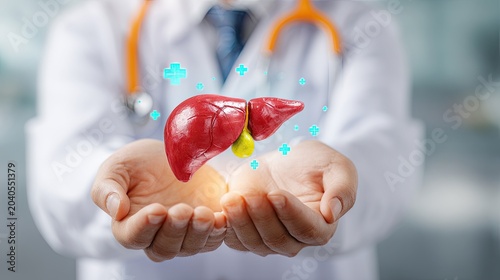 Doctors Hands Holding a Glowing Human Liver with Medical Icons.