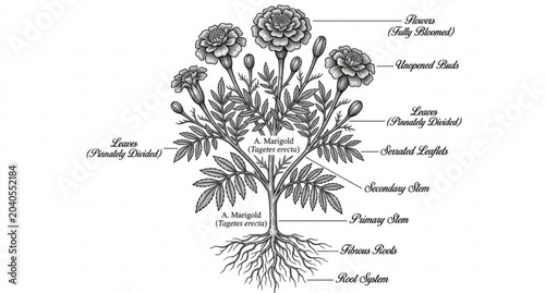 Classic marigold flower plant vintage engraving vector illustration isolated on white