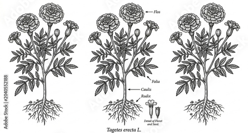Antique marigold botanical line drawing vector illustration isolated on white background