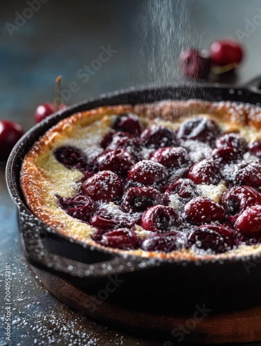 French clafoutis with cherries and powdered sugar in a cast iron skillet on an afternoon table setting.