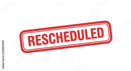 A bold red oval stamp with the word rescheduled printed in all capital white letters, indicating a change in plans or postponed event