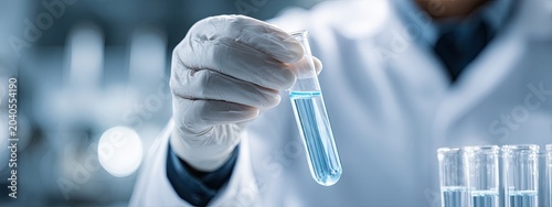 Scientist in laboratory holding a test tube with blue liquid for research and development.