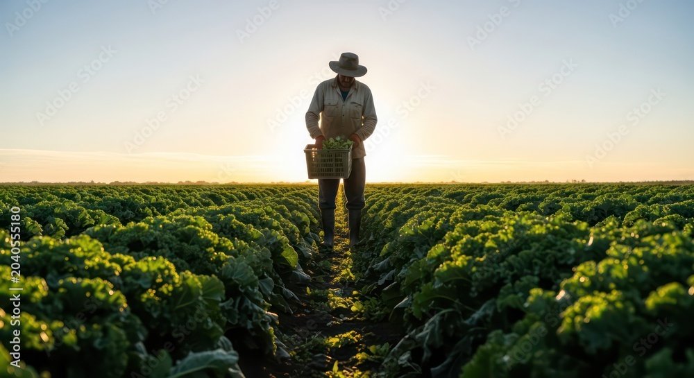 Fototapeta premium Farmer Walking Through Rows of Crops at Sunrise.
