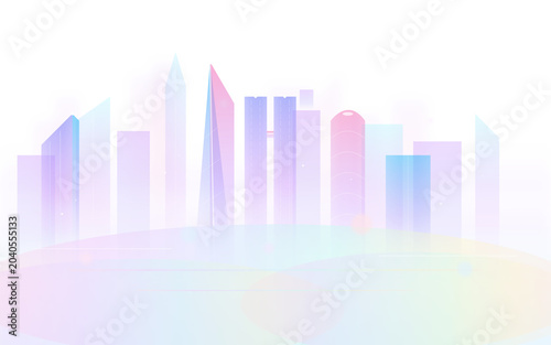 City skyline hologram background with soft neon gradients and glowing lights, futuristic abstract urban landscape for digital design, web banners,