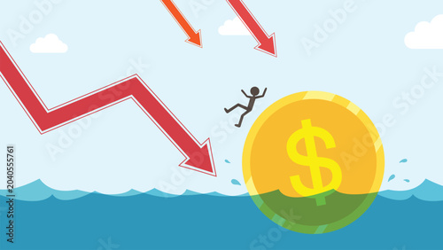 Obraz na plátne Economic crisis, financial market crash, falling currency, coin sinking in water