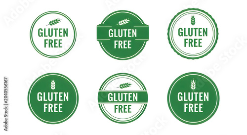 A collection of six green gluten-free labels featuring a wheat sheaf icon, each with the words 'gluten free' in bold white text, designed for food packaging or product identification