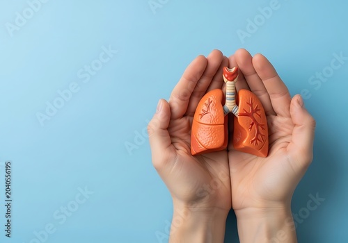 Hands cradling orange lung model with trachea against blue background