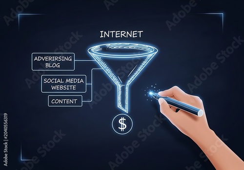 Hand internet funnel with advertising blog social media website and dollar sign