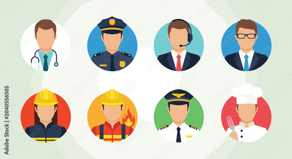 Fototapeta premium Diverse collection of professional avatars featuring various occupations such as doctor police officer chef pilot and business executives.