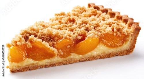 Delicious Slice of Apricot Crumble Tart on a White Background.