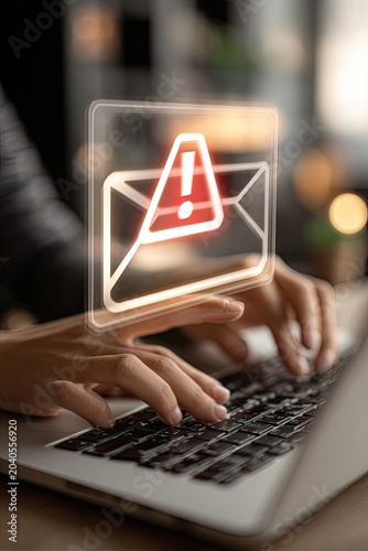 Cybersecurity Alert Email Notification on Laptop Keyboard.