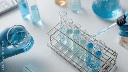 Scientist Conducting Chemical Experiment with Blue Liquids in Laboratory.