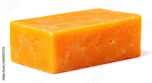 A Solid Block of Vibrant Orange Cheddar Cheese on a White Background.