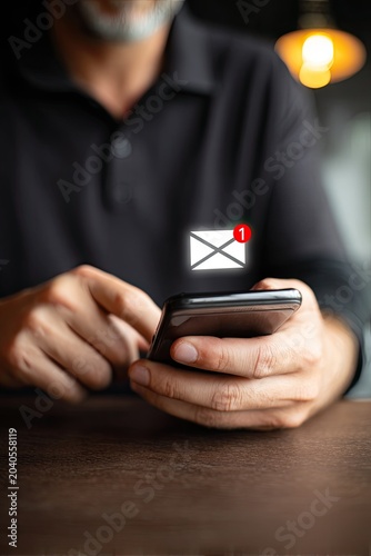Man Using Smartphone with Email Notification Icon Hovering Above.