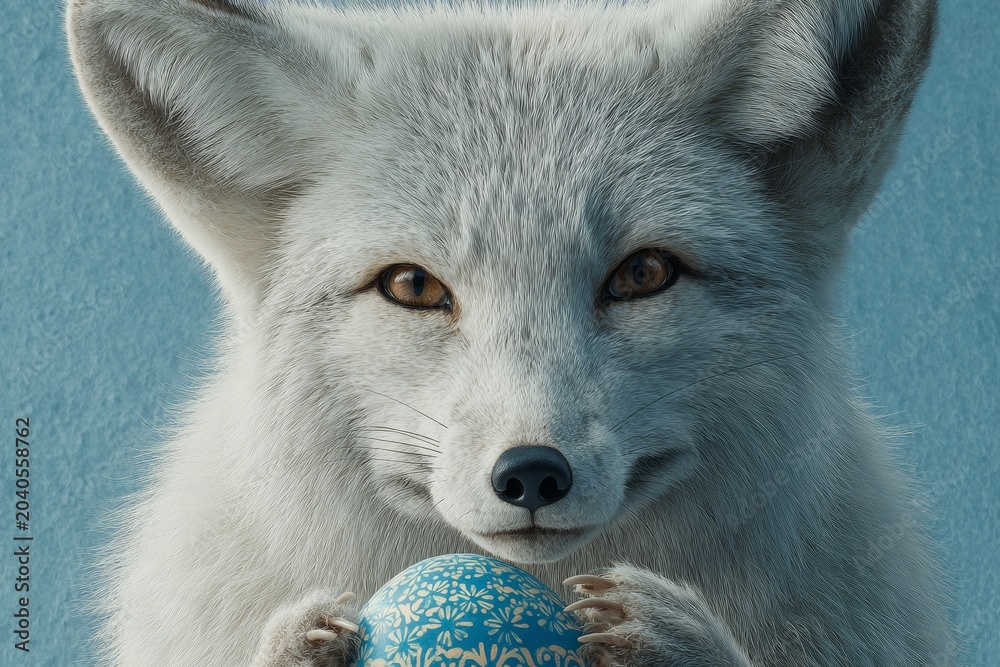 Naklejka premium Easter wonders: a fox's heartwarming egg adventure. Blockbuster poster. Cute fox with easter egg on minimalist background, spreading happiness. Advertising photo. Action poster.