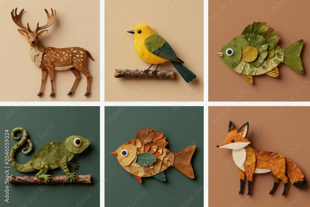 Naklejka premium Collection of handmade animal figures crafted from natural leaves and twigs. Features deer, bird, fish, chameleon, and fox art. Perfect for nature themes, children education, and eco-friendly decor.